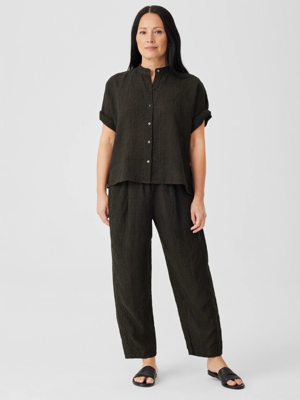 Eileen Fisher 100% Organic Linen Mini Check Print Set Size L Minimalist